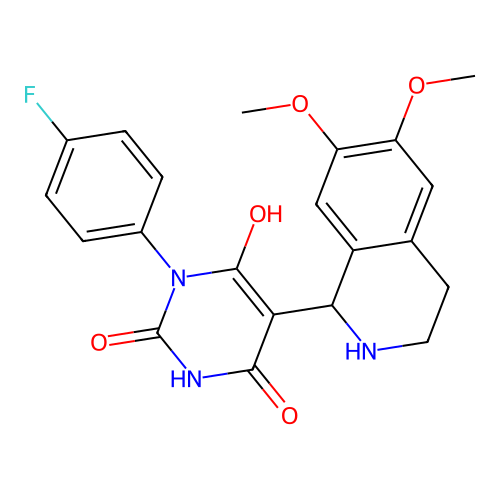 5-(6,7-dimethoxy-1,2,3,4-tetrahydroisoquinolin-1-yl)-3-(4-fluorophenyl)-6-hydroxypyrimidine-2,4(1H,3H)-dione structure