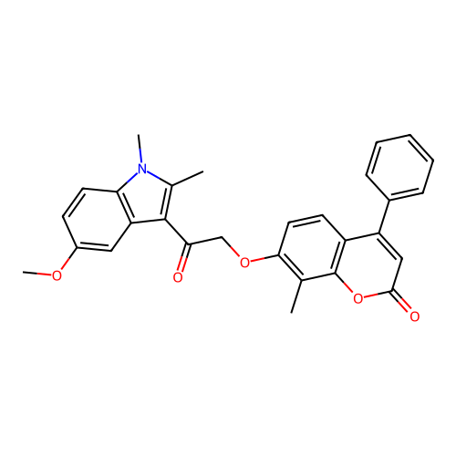 7-(2-(5-methoxy-1,2-dimethyl-1H-indol-3-yl)-2-oxoethoxy)-8-methyl-4-phenyl-2H-chromen-2-one structure