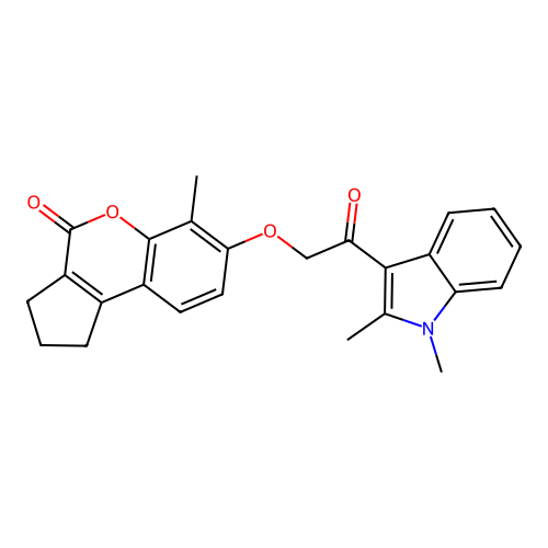 7-(2-(1,2-dimethyl-1H-indol-3-yl)-2-oxoethoxy)-6-methyl-2,3-dihydrocyclopenta[c]chromen-4(1H)-one structure