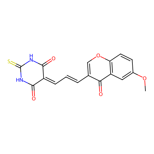 (E)-5-(3-(6-methoxy-4-oxo-4H-chromen-3-yl)allylidene)-2-thioxodihydropyrimidine-4,6(1H,5H)-dione structure