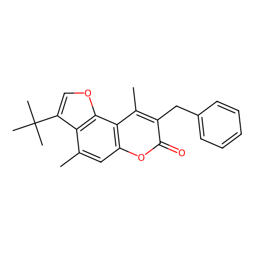 8-benzyl-3-tert-butyl-4,9-dimethyl-7H-furo[2,3-f]chromen-7-one structure