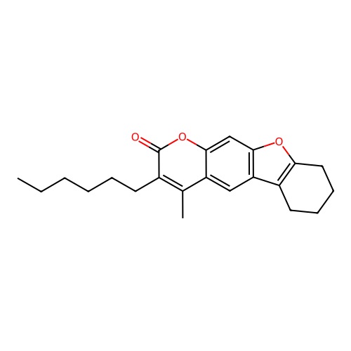 3-hexyl-4-methyl-6,7,8,9-tetrahydro-2H-[1]benzofuro[3,2-g]chromen-2-one structure
