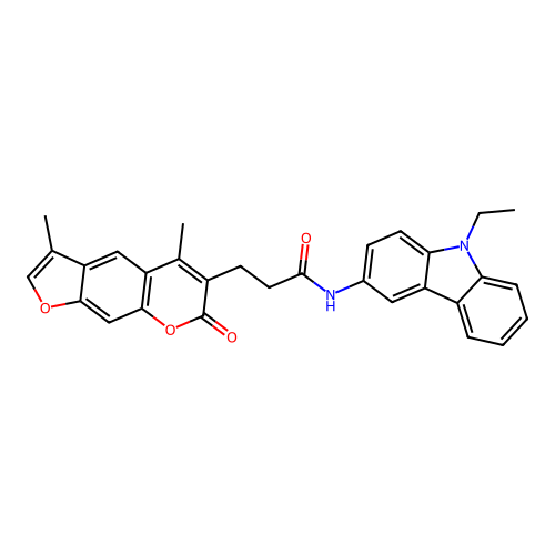 3-(3,5-dimethyl-7-oxo-7H-furo[3,2-g]chromen-6-yl)-N-(9-ethyl-9H-carbazol-3-yl)propanamide structure
