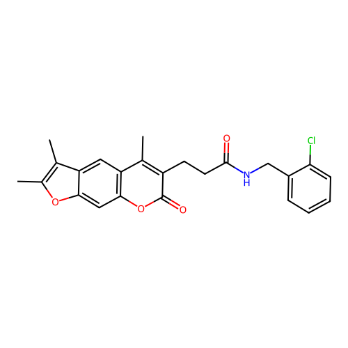 N-(2-chlorobenzyl)-3-(2,3,5-trimethyl-7-oxo-7H-furo[3,2-g]chromen-6-yl)propanamide structure