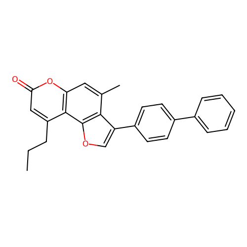 3-(4-biphenylyl)-4-methyl-9-propyl-7H-furo[2,3-f]chromen-7-one structure