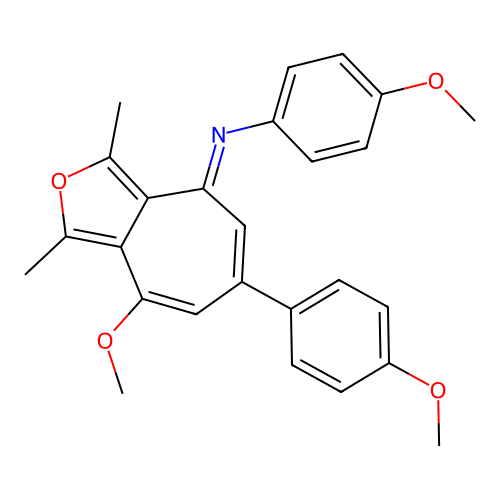 (E)-4-methoxy-N-(8-methoxy-6-(4-methoxyphenyl)-1,3-dimethyl-4H-cyclohepta[c]furan-4-ylidene)aniline structure