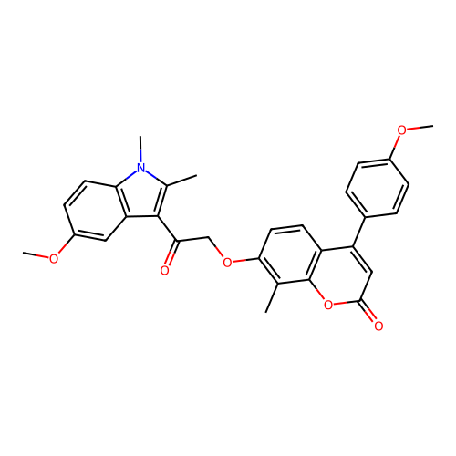 7-(2-(5-methoxy-1,2-dimethyl-1H-indol-3-yl)-2-oxoethoxy)-4-(4-methoxyphenyl)-8-methyl-2H-chromen-2-one structure