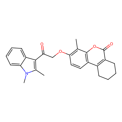 3-(2-(1,2-dimethyl-1H-indol-3-yl)-2-oxoethoxy)-4-methyl-7,8,9,10-tetrahydro-6H-benzo[c]chromen-6-one structure
