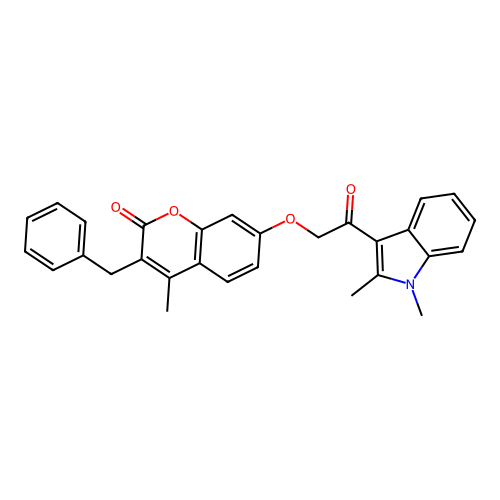 3-benzyl-7-(2-(1,2-dimethyl-1H-indol-3-yl)-2-oxoethoxy)-4-methyl-2H-chromen-2-one structure