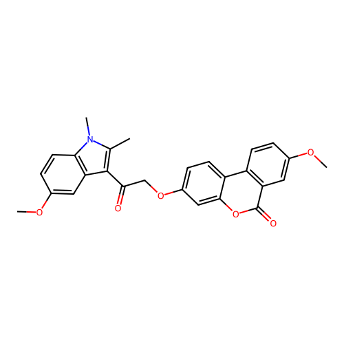8-methoxy-3-(2-(5-methoxy-1,2-dimethyl-1H-indol-3-yl)-2-oxoethoxy)-6H-benzo[c]chromen-6-one structure