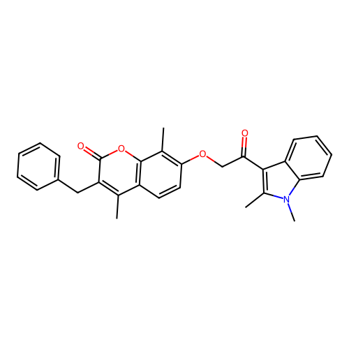 3-benzyl-7-(2-(1,2-dimethyl-1H-indol-3-yl)-2-oxoethoxy)-4,8-dimethyl-2H-chromen-2-one structure