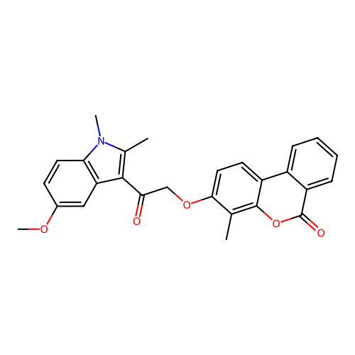 3-(2-(5-methoxy-1,2-dimethyl-1H-indol-3-yl)-2-oxoethoxy)-4-methyl-6H-benzo[c]chromen-6-one structure
