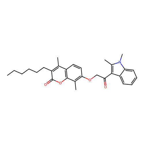 7-(2-(1,2-dimethyl-1H-indol-3-yl)-2-oxoethoxy)-3-hexyl-4,8-dimethyl-2H-chromen-2-one structure