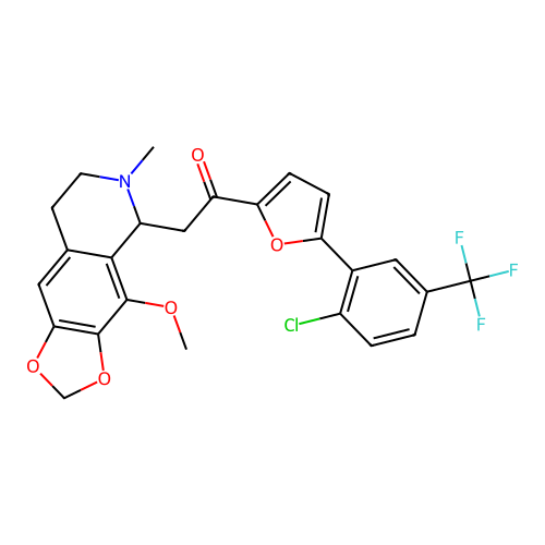 1-(5-(2-chloro-5-(trifluoromethyl)phenyl)furan-2-yl)-2-(4-methoxy-6-methyl-5,6,7,8-tetrahydro-[1,3]dioxolo[4,5-g]isoquinolin-5-yl)ethanone structure