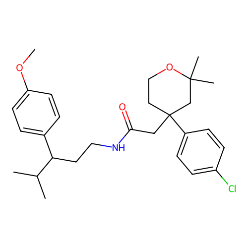 2-(4-(4-chlorophenyl)-2,2-dimethyltetrahydro-2H-pyran-4-yl)-N-(3-(4-methoxyphenyl)-4-methylpentyl)acetamide structure