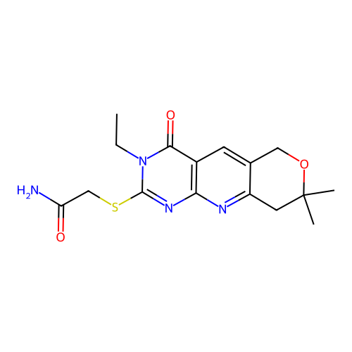 2-((3-ethyl-8,8-dimethyl-4-oxo-4,6,8,9-tetrahydro-3H-pyrano[3',4':5,6]pyrido[2,3-d]pyrimidin-2-yl)thio)acetamide structure