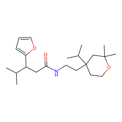 N-[2-(2,2-dimethyl-4-propan-2-yloxan-4-yl)ethyl]-3-(furan-2-yl)-4-methylpentanamide structure