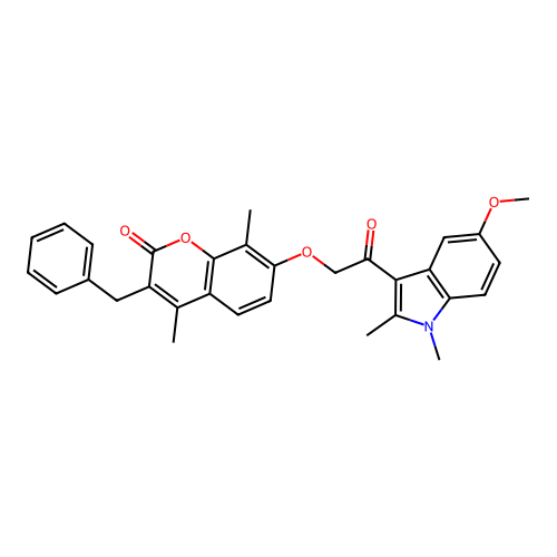 3-benzyl-7-(2-(5-methoxy-1,2-dimethyl-1H-indol-3-yl)-2-oxoethoxy)-4,8-dimethyl-2H-chromen-2-one structure