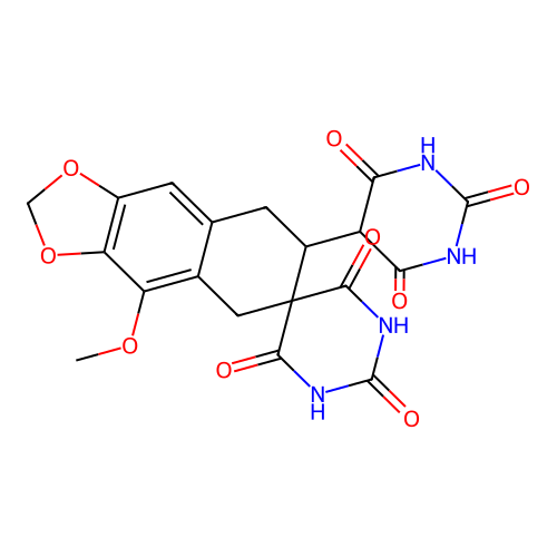 4'-methoxy-7'-(2,4,6-trioxo-1,3-diazinan-5-yl)spiro[1,3-diazinane-5,6'-7,8-dihydro-5H-benzo[f][1,3]benzodioxole]-2,4,6-trione structure