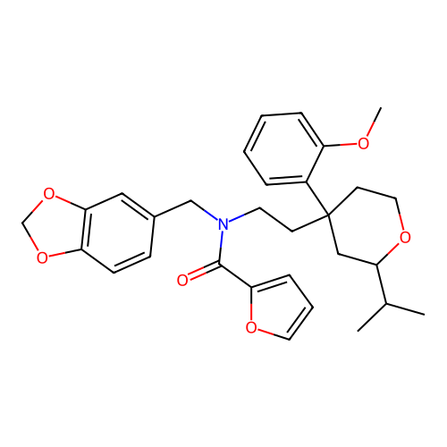 N-(1,3-benzodioxol-5-ylmethyl)-N-[2-[4-(2-methoxyphenyl)-2-propan-2-yloxan-4-yl]ethyl]furan-2-carboxamide structure