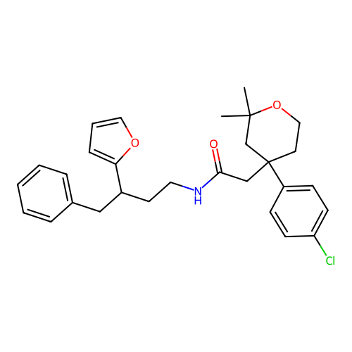 2-[4-(4-chlorophenyl)-2,2-dimethyl-oxan-4-yl]-N-[3-(2-furyl)-4-phenyl-butyl]acetamide structure