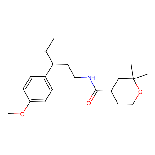 N-[3-(4-methoxyphenyl)-4-methylpentyl]-2,2-dimethyloxane-4-carboxamide structure