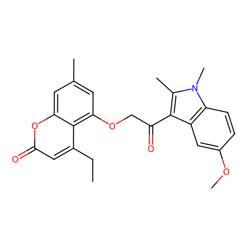 4-ethyl-5-(2-(5-methoxy-1,2-dimethyl-1H-indol-3-yl)-2-oxoethoxy)-7-methyl-2H-chromen-2-one structure