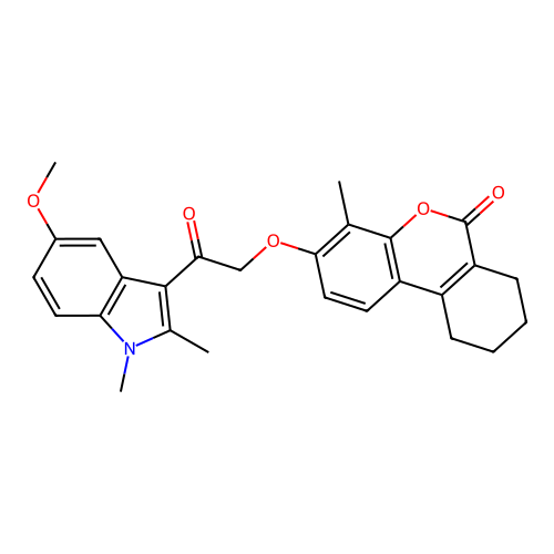 3-(2-(5-methoxy-1,2-dimethyl-1H-indol-3-yl)-2-oxoethoxy)-4-methyl-7,8,9,10-tetrahydro-6H-benzo[c]chromen-6-one structure