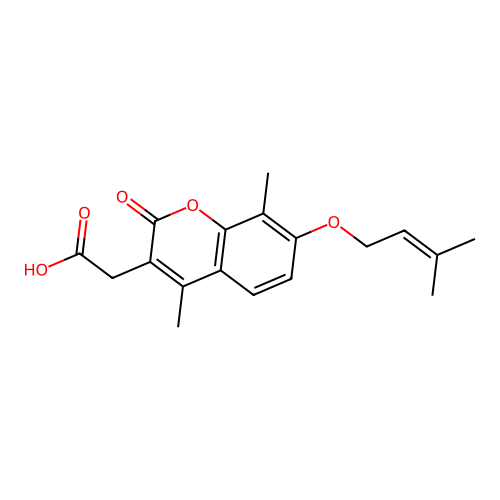 2-{4,8-dimethyl-7-[(3-methylbut-2-en-1-yl)oxy]-2-oxo-2H-chromen-3-yl}acetic acid structure