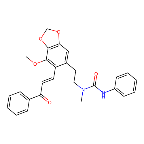 (E)-1-(2-(7-methoxy-6-(3-oxo-3-phenylprop-1-en-1-yl)benzo[d][1,3]dioxol-5-yl)ethyl)-1-methyl-3-phenylurea structure