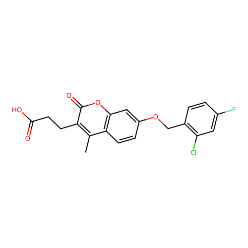 3-(7-((2-chloro-4-fluorobenzyl)oxy)-4-methyl-2-oxo-2H-chromen-3-yl)propanoic acid structure