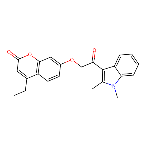 7-(2-(1,2-dimethyl-1H-indol-3-yl)-2-oxoethoxy)-4-ethyl-2H-chromen-2-one structure