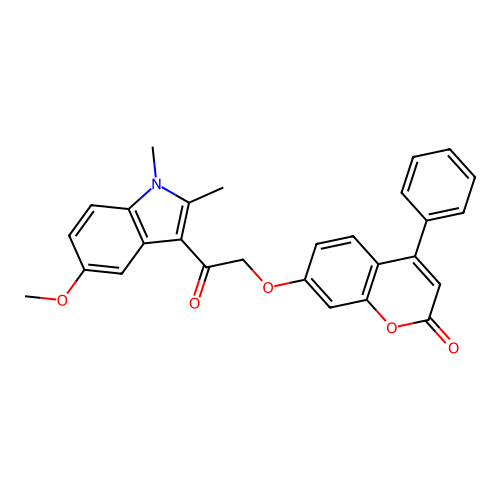 7-(2-(5-methoxy-1,2-dimethyl-1H-indol-3-yl)-2-oxoethoxy)-4-phenyl-2H-chromen-2-one structure