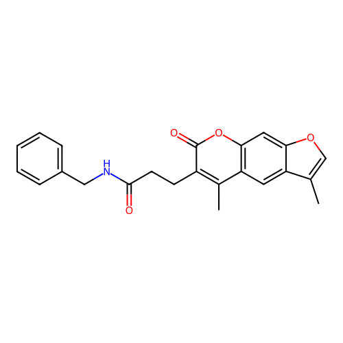 N-benzyl-3-(3,5-dimethyl-7-oxo-7H-furo[3,2-g]chromen-6-yl)propanamide structure