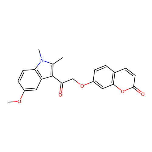 7-(2-(5-methoxy-1,2-dimethyl-1H-indol-3-yl)-2-oxoethoxy)-2H-chromen-2-one structure
