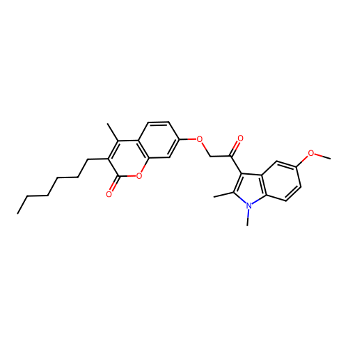 3-hexyl-7-(2-(5-methoxy-1,2-dimethyl-1H-indol-3-yl)-2-oxoethoxy)-4-methyl-2H-chromen-2-one structure