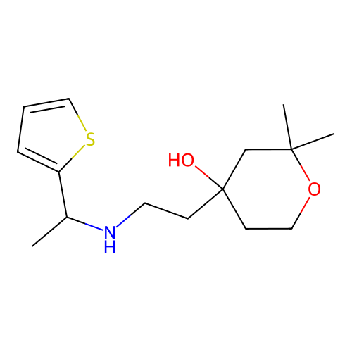 2,2-dimethyl-4-(2-((1-(thiophen-2-yl)ethyl)amino)ethyl)tetrahydro-2H-pyran-4-ol structure