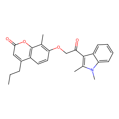 7-(2-(1,2-dimethyl-1H-indol-3-yl)-2-oxoethoxy)-8-methyl-4-propyl-2H-chromen-2-one structure