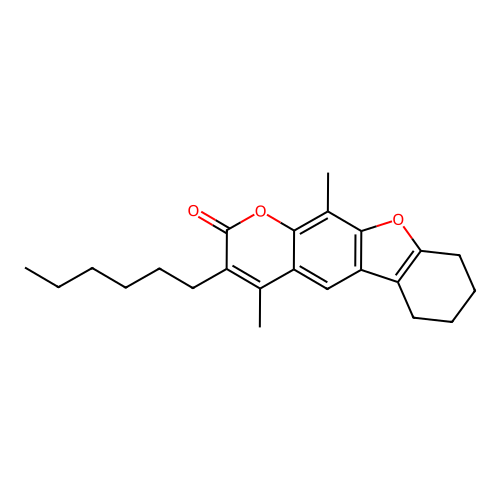 3-hexyl-4,11-dimethyl-6,7,8,9-tetrahydro-2H-[1]benzofuro[3,2-g]chromen-2-one structure