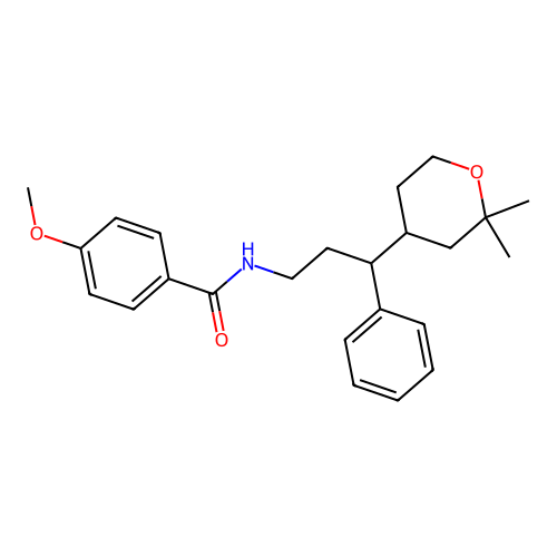 N-(3-(2,2-dimethyltetrahydro-2H-pyran-4-yl)-3-phenylpropyl)-4-methoxybenzamide structure