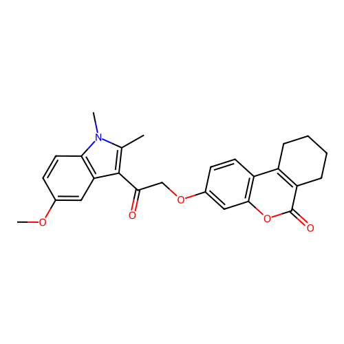 3-(2-(5-methoxy-1,2-dimethyl-1H-indol-3-yl)-2-oxoethoxy)-7,8,9,10-tetrahydro-6H-benzo[c]chromen-6-one structure