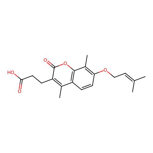 3-{4,8-dimethyl-7-[(3-methylbut-2-en-1-yl)oxy]-2-oxo-2H-chromen-3-yl}propanoic acid structure