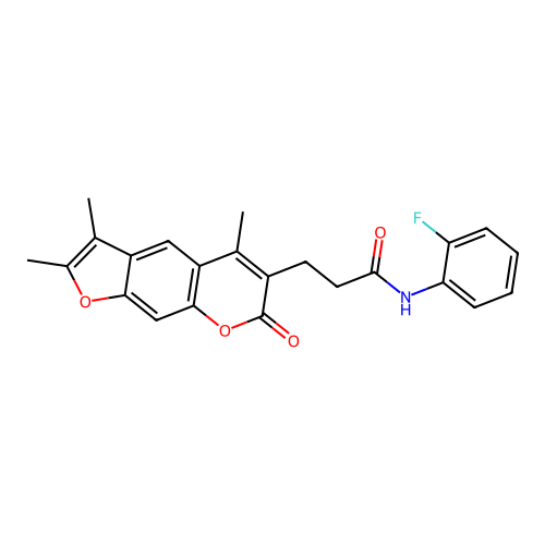 N-(2-fluorophenyl)-3-(2,3,5-trimethyl-7-oxo-7H-furo[3,2-g]chromen-6-yl)propanamide structure