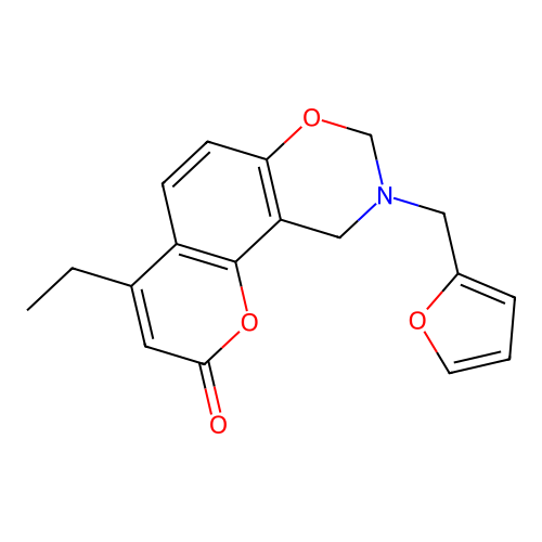 4-ethyl-9-(2-furylmethyl)-9,10-dihydro-2H,8H-chromeno[8,7-e][1,3]oxazin-2-one structure