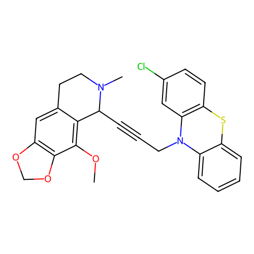 2-chloro-10-[3-(4-methoxy-6-methyl-5,6,7,8-tetrahydro[1,3]dioxolo[4,5-g]isoquinolin-5-yl)prop-2-yn-1-yl]-10H-phenothiazine structure