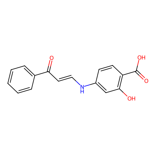(E)-2-hydroxy-4-((3-oxo-3-phenylprop-1-en-1-yl)amino)benzoic acid structure