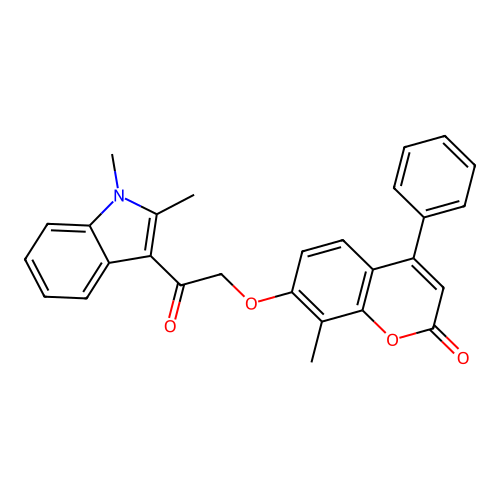 7-(2-(1,2-dimethyl-1H-indol-3-yl)-2-oxoethoxy)-8-methyl-4-phenyl-2H-chromen-2-one structure