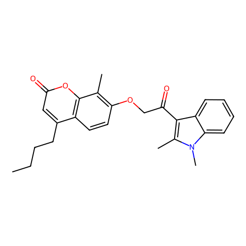 4-butyl-7-(2-(1,2-dimethyl-1H-indol-3-yl)-2-oxoethoxy)-8-methyl-2H-chromen-2-one structure