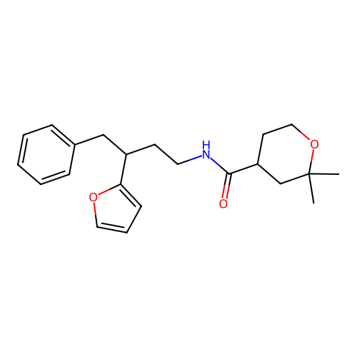 N-(3-(furan-2-yl)-4-phenylbutyl)-2,2-dimethyltetrahydro-2H-pyran-4-carboxamide structure