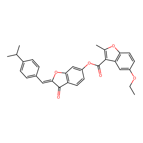 (2Z)-3-oxo-2-[4-(propan-2-yl)benzylidene]-2,3-dihydro-1-benzofuran-6-yl 5-ethoxy-2-methyl-1-benzofuran-3-carboxylate structure